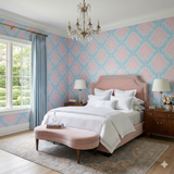 Blush pink pattern wallpaper from Versailline, creating a luxurious damask effect on a light blue backdrop.
