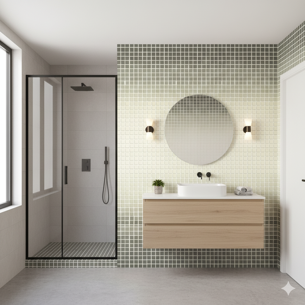 Green grid wallpaper with gradient effect and square mosaic pattern.