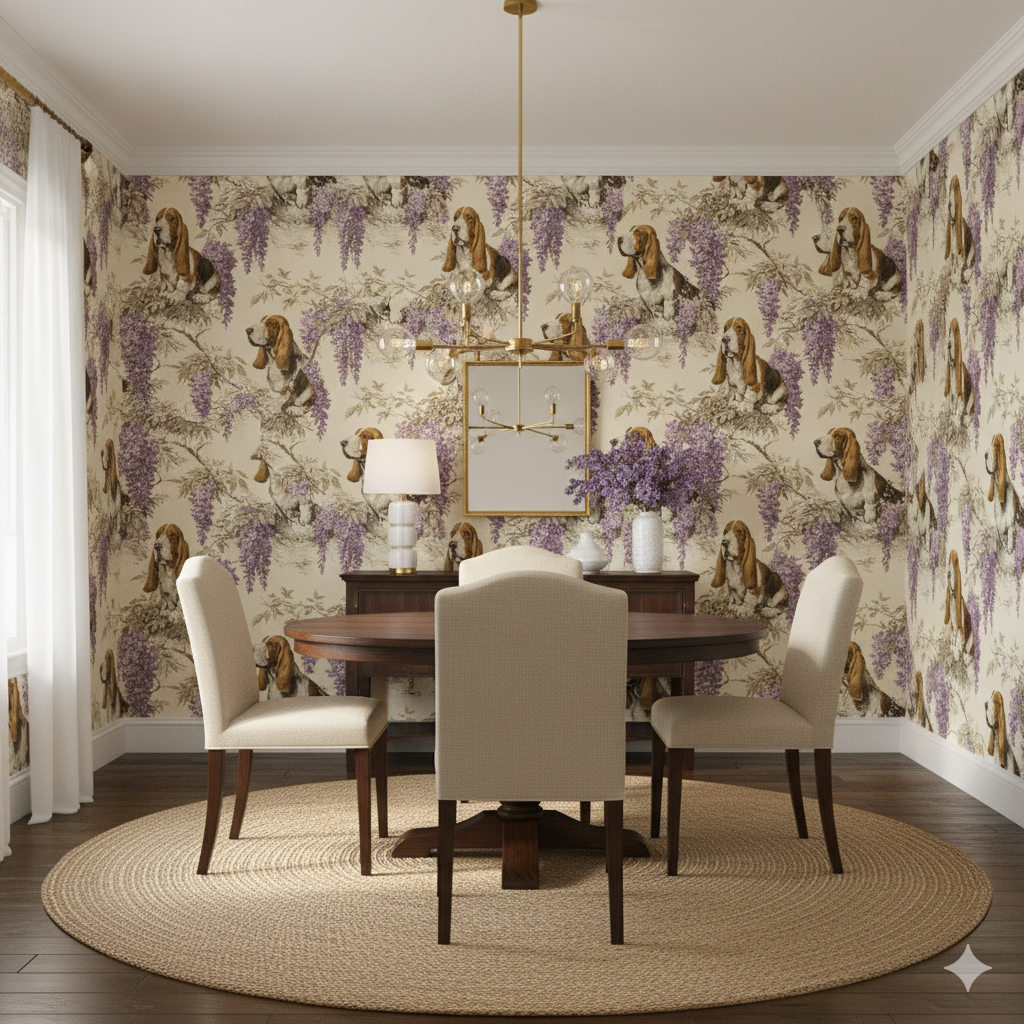 Lowcountry Wisteria Wallpaper featuring basset hounds and wisteria branches, over a tan background.
