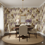 Lowcountry Wisteria Wallpaper featuring basset hounds and wisteria branches, over a tan background.
