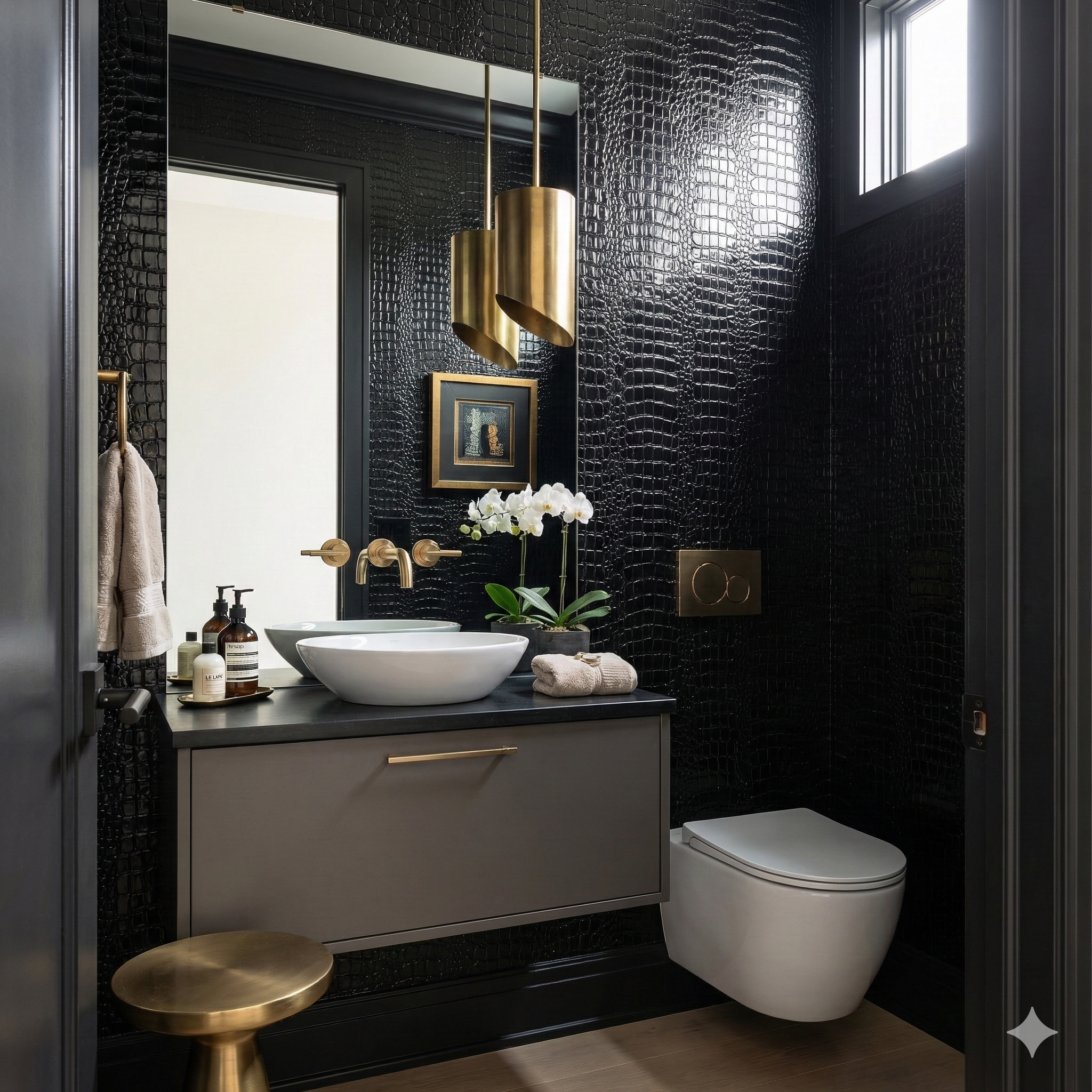 Black obsidian patent wallpaper with a crocodile texture, no brand attribution provided.