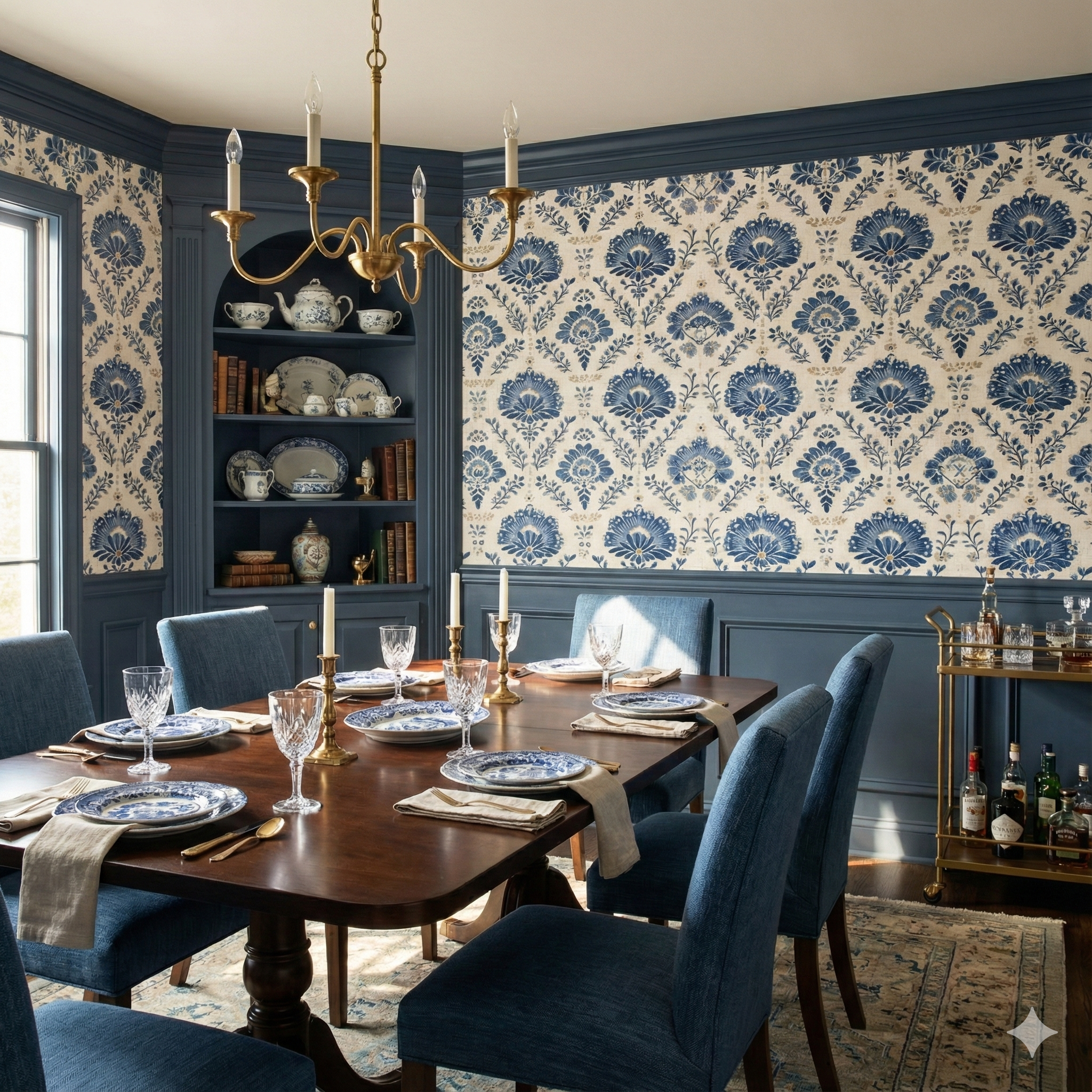 Indigo wallpaper from Linenfolk with a blue floral damask pattern over an off-white linen texture.