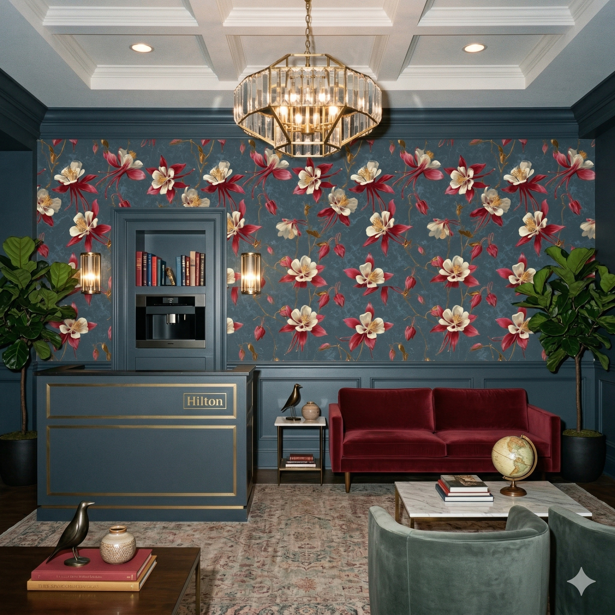 Crimson Aviary Drift Wallpaper with a floral pattern on a dark teal backdrop.
