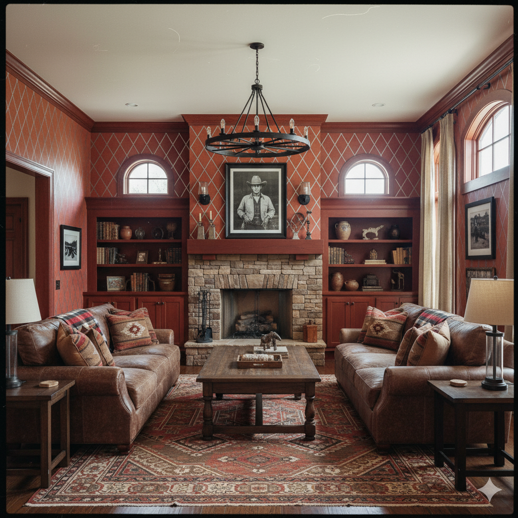 Red grid wallpaper by Brewster Home Fashions with a diamond pattern in a traditionally styled room.
