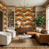 Abstract patterned wallpaper with neutral tones and earthy colors.