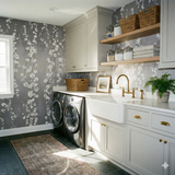 Floral cascade wallpaper with blossoms, by Brewster Home Fashions, in a laundry room setting.