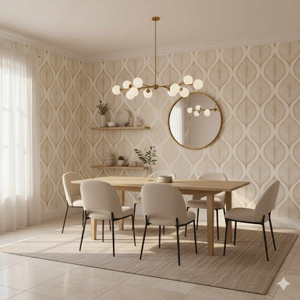 Aurelia Leaf Wallpaper with a leaf pattern on a beige and white background.
