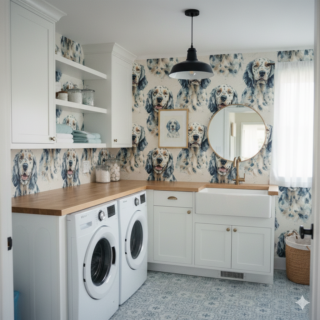 Patterned Mariner’s Field Wallpaper with a dog design, covering the walls of a laundry room.