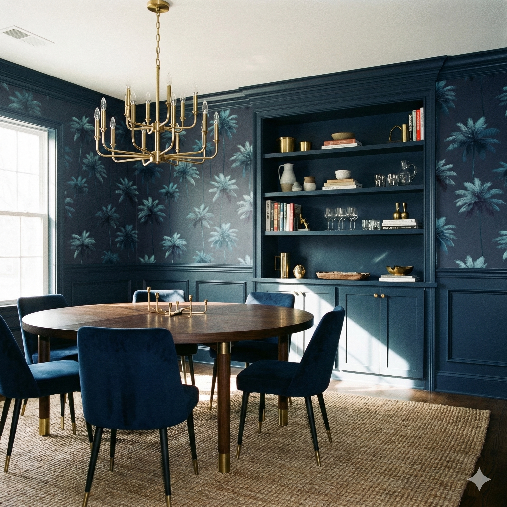 Navy blue Palm Nocturne Wallpaper with tropical palm tree pattern, seen in a styled dining room.