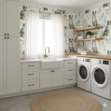 Patterned Blueleaf Aussies Wallpaper with dog motif, botanical details, covering the walls of a laundry room.