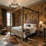 Kodiak Dust wallpaper with cowboy boot pattern on a gold background, covering the bedroom walls.
