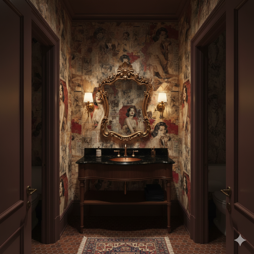 Patterned Rue Saint-Claire Wallpaper with vintage portraits and newspaper clippings, set in a traditional-style powder room.
