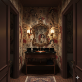 Patterned Rue Saint-Claire Wallpaper with vintage portraits and newspaper clippings, set in a traditional-style powder room.

