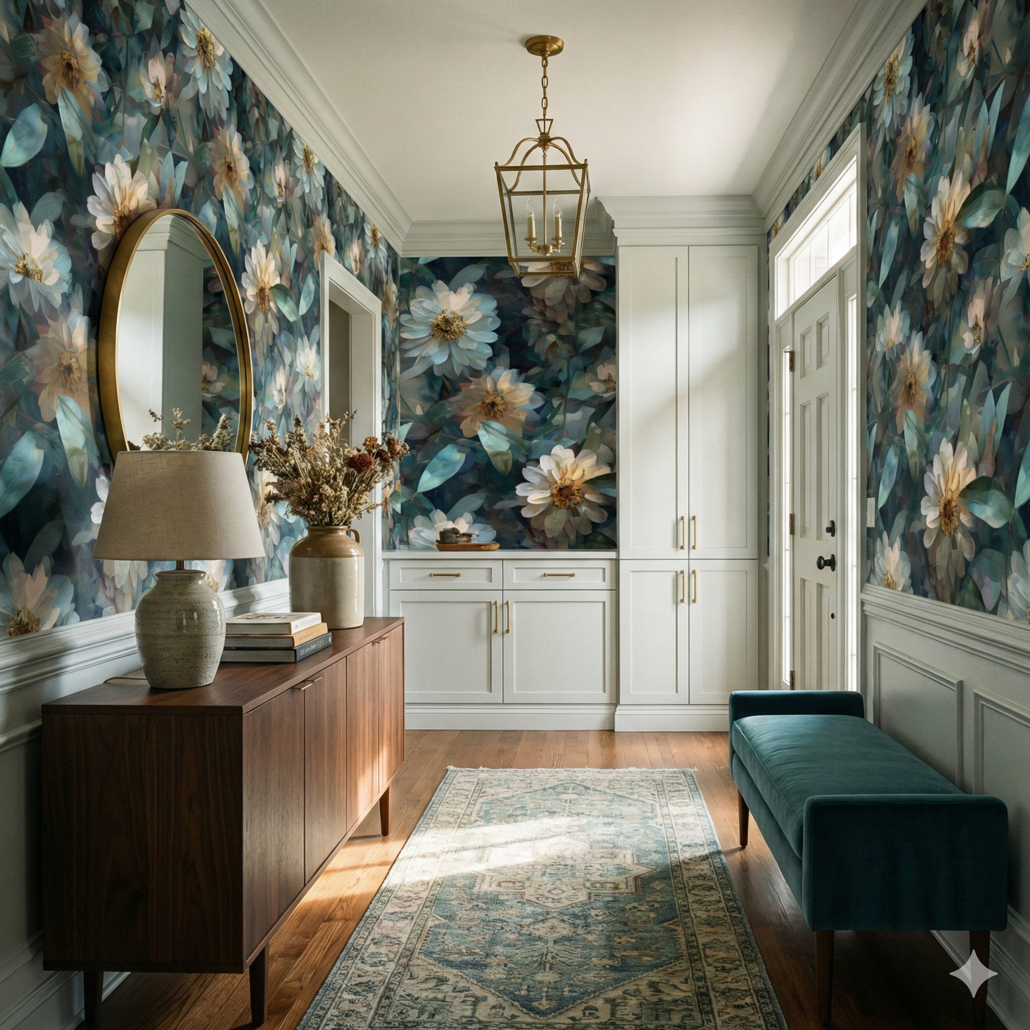 Floral wallpaper with dark green and cream pattern, featuring watercolor foliage and blossoms.

