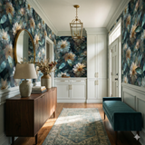 Floral wallpaper with dark green and cream pattern, featuring watercolor foliage and blossoms.
