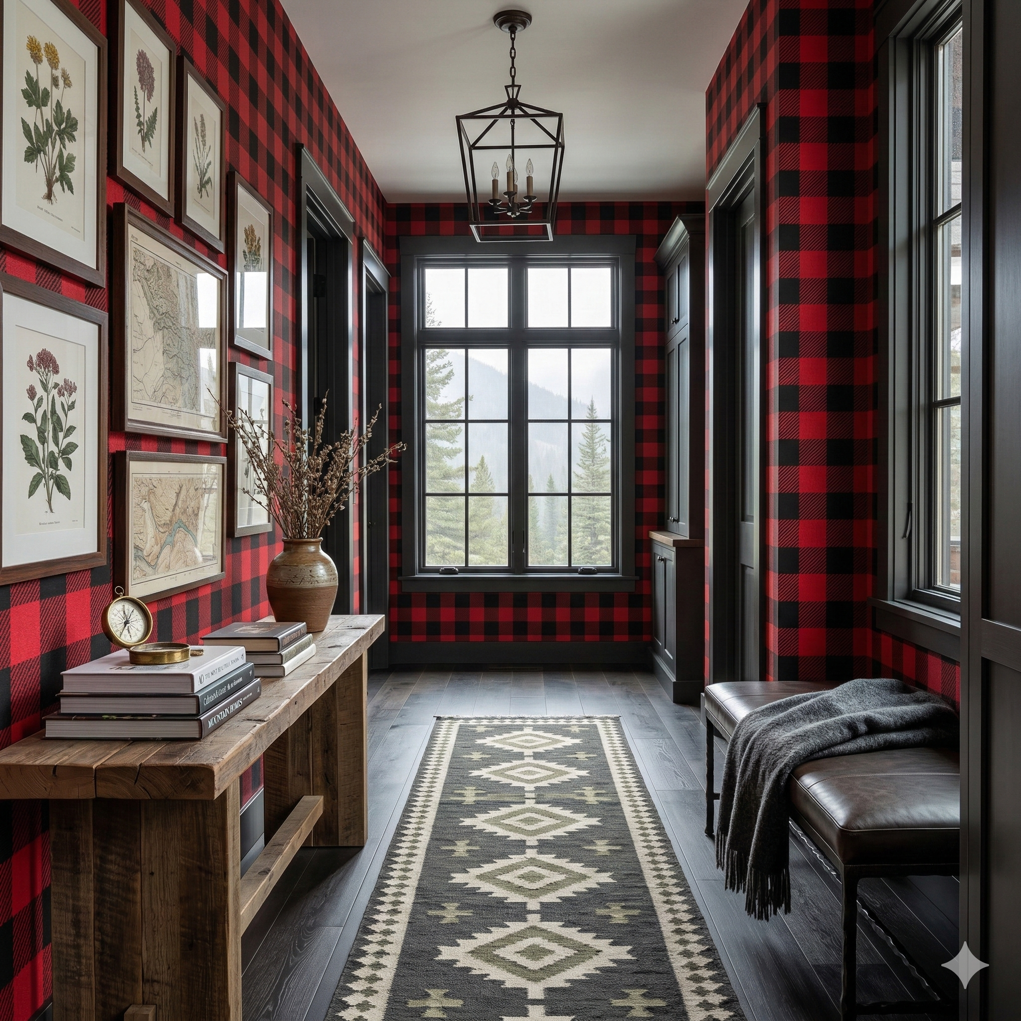 Red and black Cabinier Rouge Wallpaper with a buffalo check pattern.

