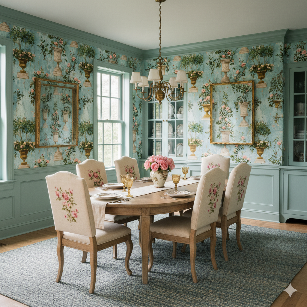 Palais Verdanne Wallpaper with floral patterns and light blue backdrop.