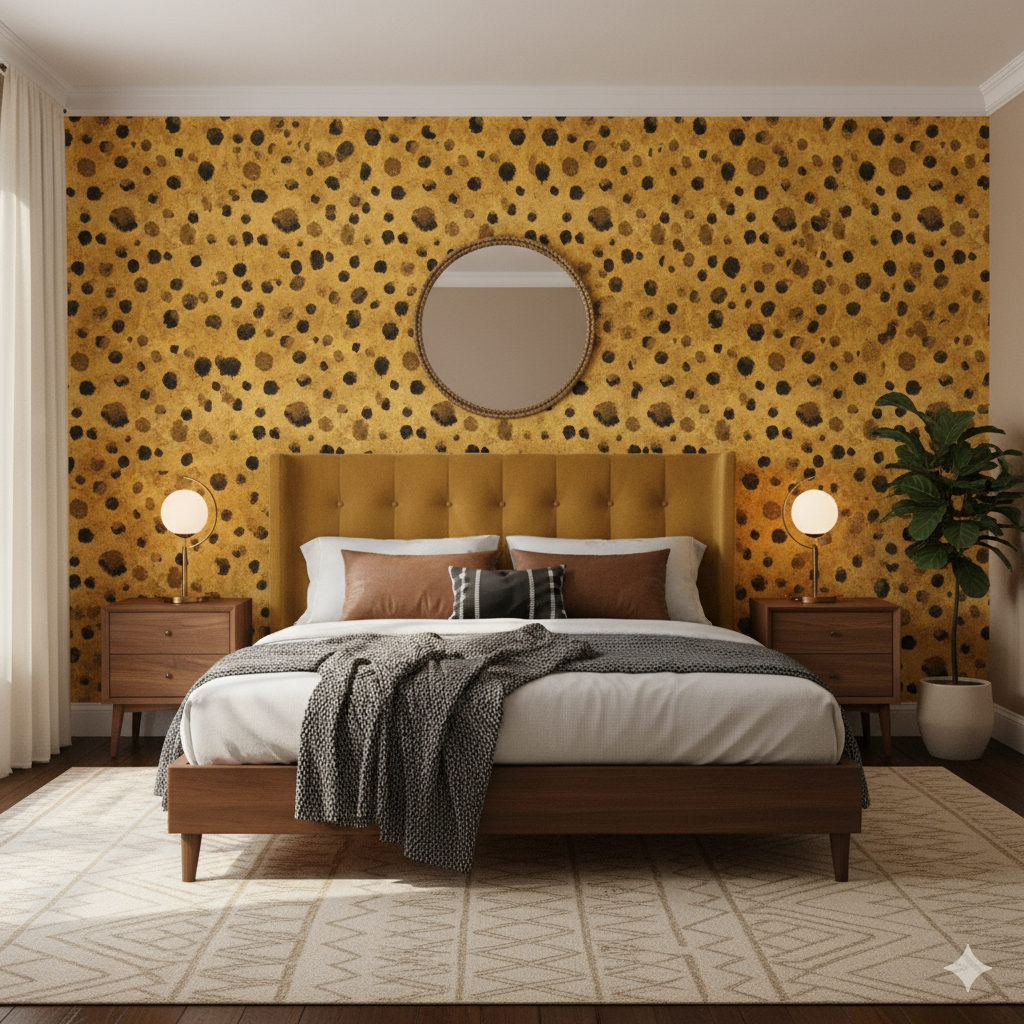 Gold and black pelt wallpaper with a spotted pattern, with a round mirror on the wall.