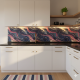 Celestine Veins Wallpaper with cosmic swirling pattern in shades of navy, pink, and gold.