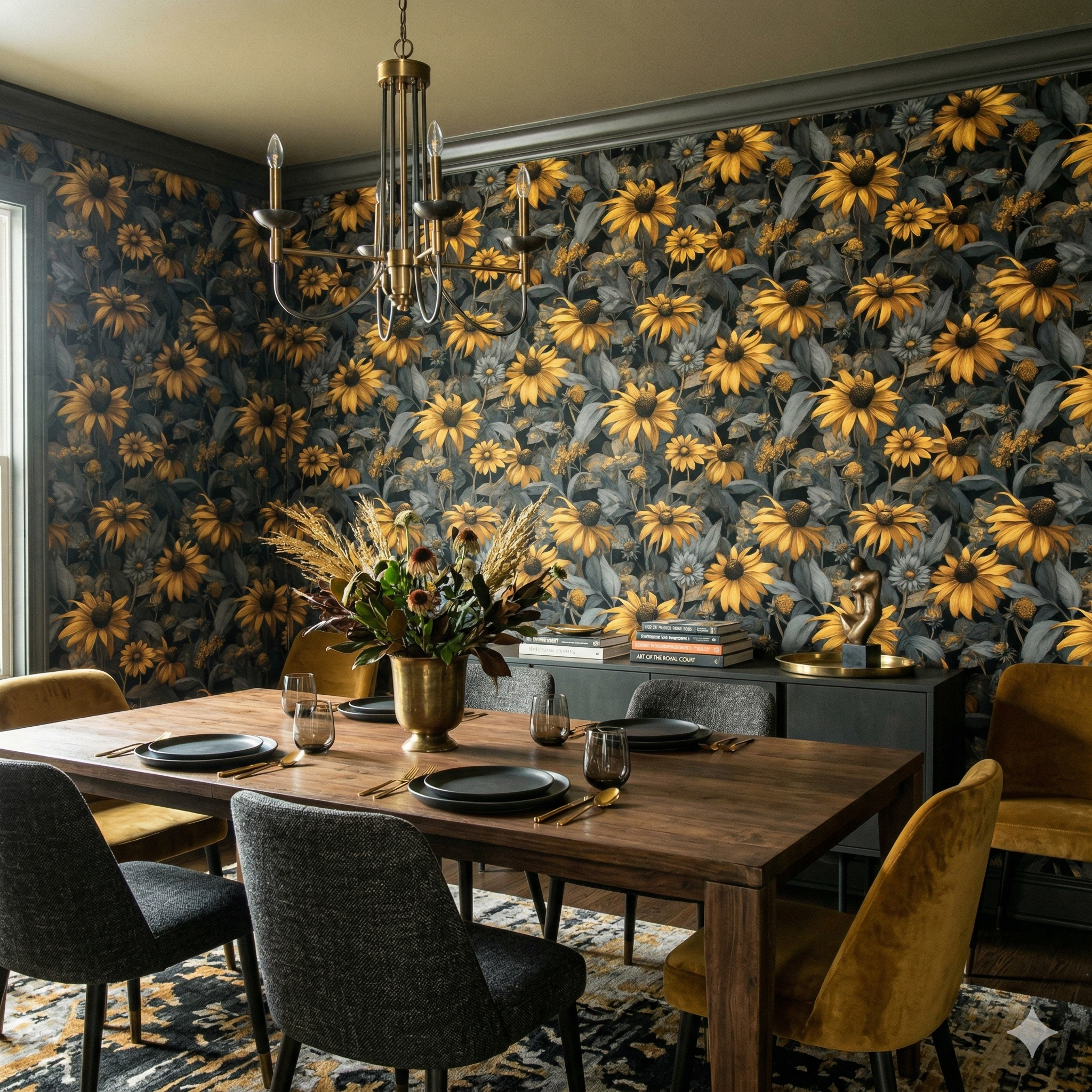 Nocturne Helianthus Wallpaper with sunflower pattern and gray leaves.