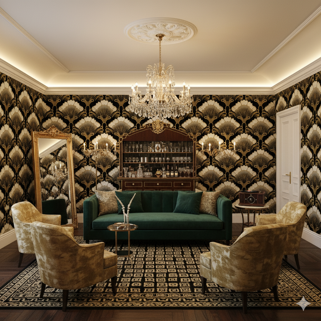 Empire Gilt Wallpaper featuring a repeating fan pattern in black and gold colors.