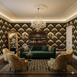 Empire Gilt Wallpaper featuring a repeating fan pattern in black and gold colors.