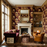 Patterned wallpaper with golden retriever dog portraits on burgundy background.
