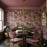 Floral coneflower wallpaper in purple and gold, featuring a dark background with blossoming flower patterns.

