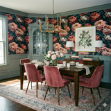Caldermere Wallpaper with a dark floral pattern on a dining room wall.