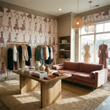 Patterned Marfa Promenade Wallpaper with light pink silhouettes, textured surface, and decor with clothing racks.