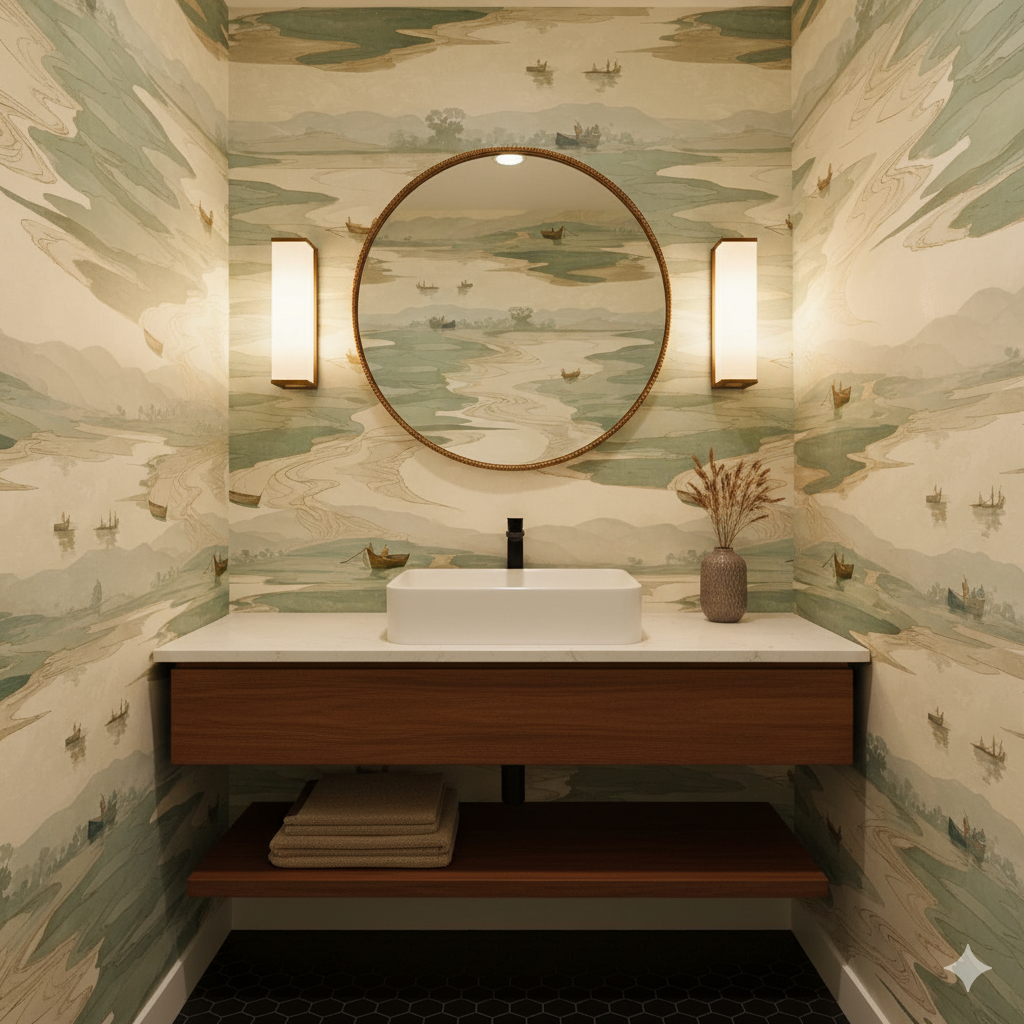 Drifting Channels Wallpaper with a watercolor landscape pattern, featuring muted greens and river motifs.
