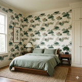 Greenwood Shallows wallpaper with a nature pattern, decorative bedroom setting.
