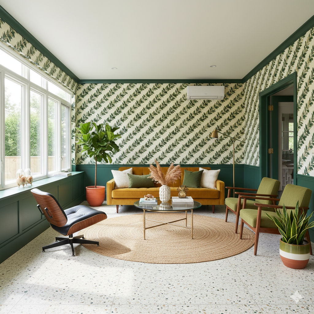 Patterned Greenvale wallpaper with a leafy design, and green painted trim.
