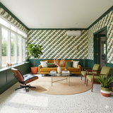 Patterned Greenvale wallpaper with a leafy design, and green painted trim.
