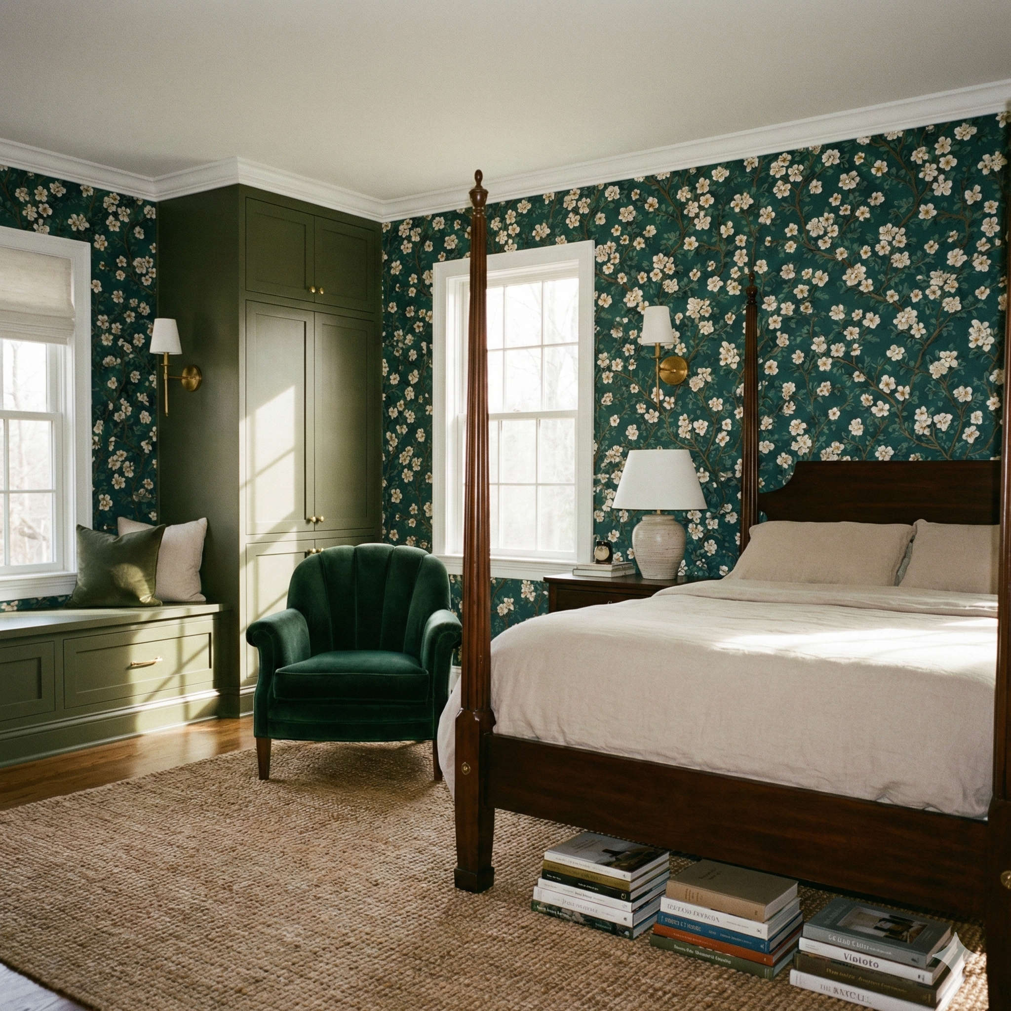 Floral pattern wallpaper in dark green by Oldfield Bloom, accenting a traditional-style bedroom.
