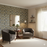 Aurum Maze Wallpaper with gold geometric pattern on a textured wall in a cozy room setting.
