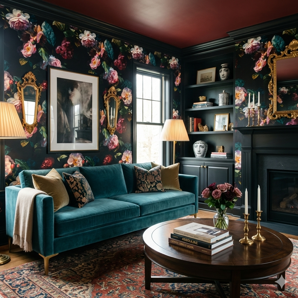 Floral Rococo Drift wallpaper with pink and cream roses on a black background.