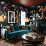 Floral Rococo Drift wallpaper with pink and cream roses on a black background.