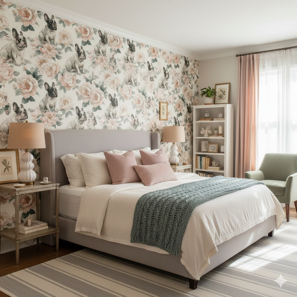 Patterned wallpaper featuring French bulldogs and floral details.
