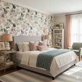 Patterned wallpaper featuring French bulldogs and floral details.
