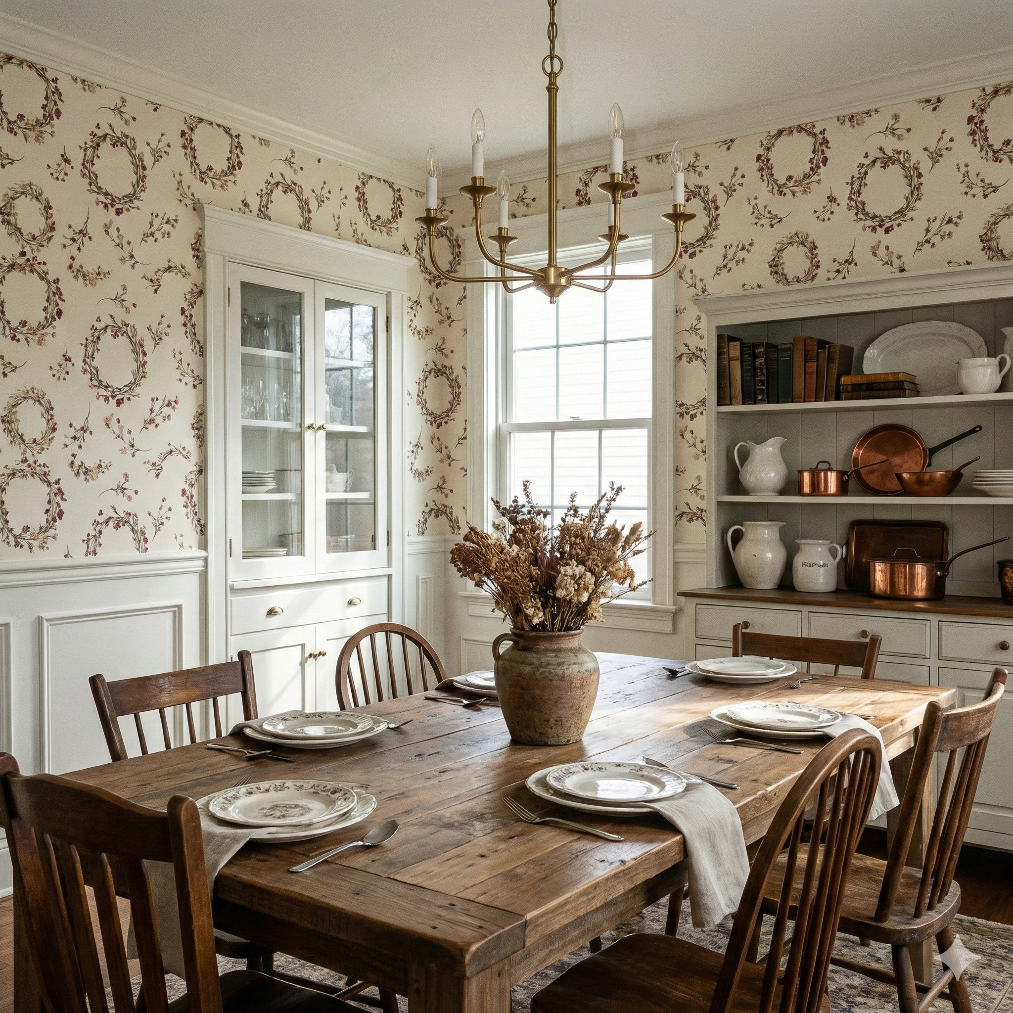 Prairie Wreath Study Wallpaper featuring a floral wreath pattern on a light background.