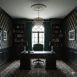 Deco wallpaper with gold geometric shapes on a black background, decorating a stylish home office.