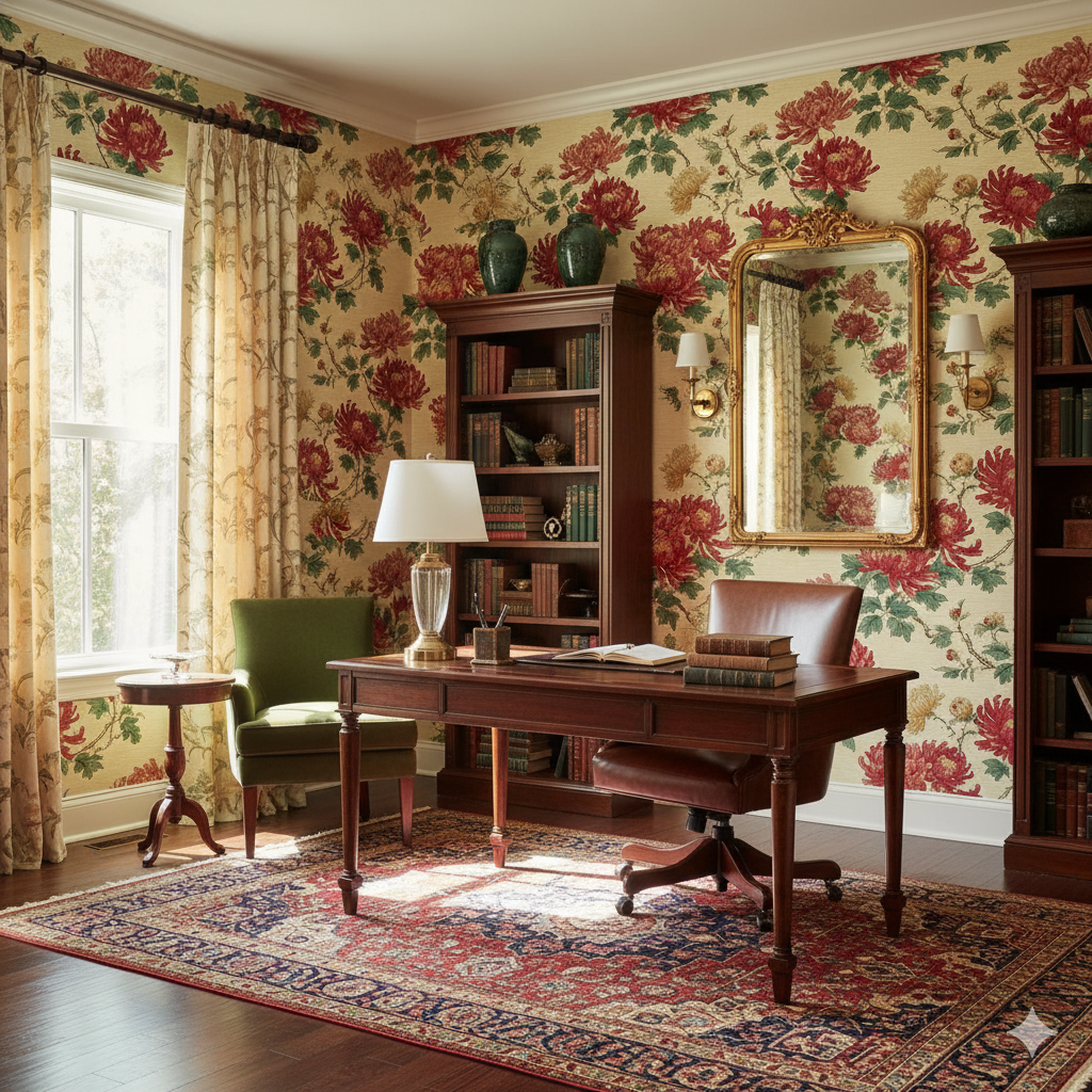 East Asian Bloom Wallpaper with red flower patterns, green leaves and tan background.