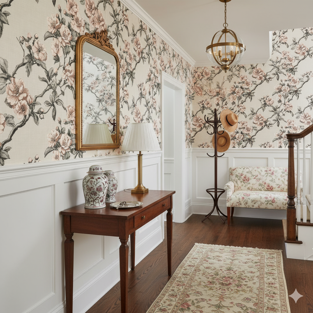 Floral Ink Bloom Camellia Wallpaper with pink flowers and dark stems, patterned wallpaper.
