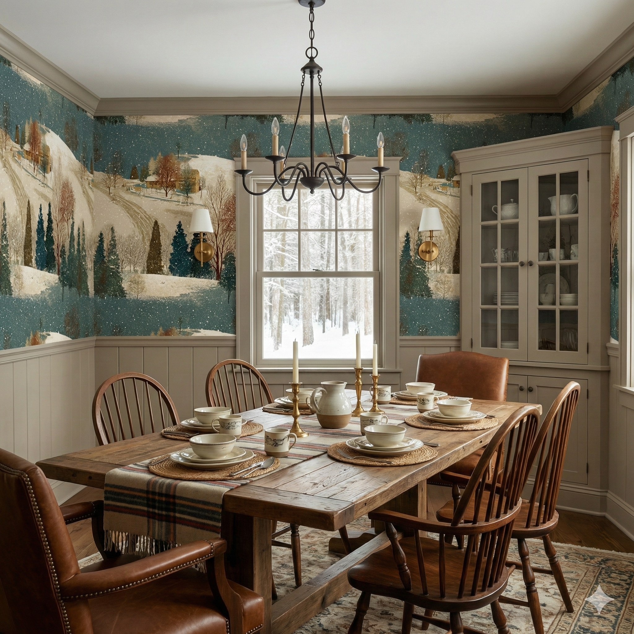 Everquiet Hollow Wallpaper featuring a snowy forest scene, covering the walls above wainscoting in a dining room.
