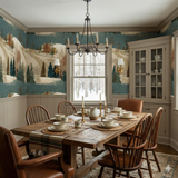 Everquiet Hollow Wallpaper featuring a snowy forest scene, covering the walls above wainscoting in a dining room.
