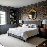 Patterned wallpaper with dog motifs from Embercoat, displayed in a styled bedroom.