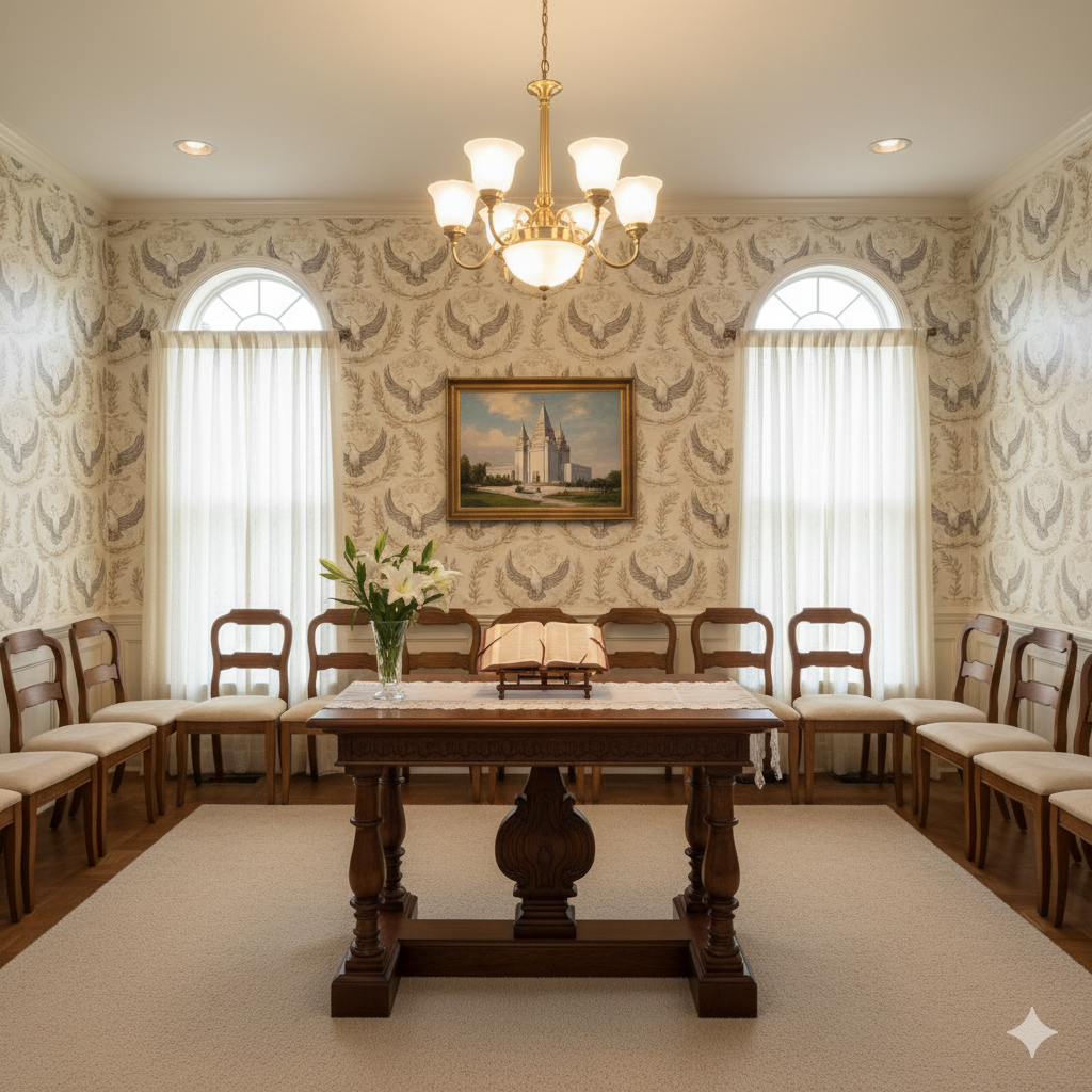 Patterned Paloma Circle Wallpaper with eagle motifs, against white walls.