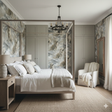 Mont Valais Wallpaper with dog pattern, textured background, styled in a bedroom with bed and furnishings.
