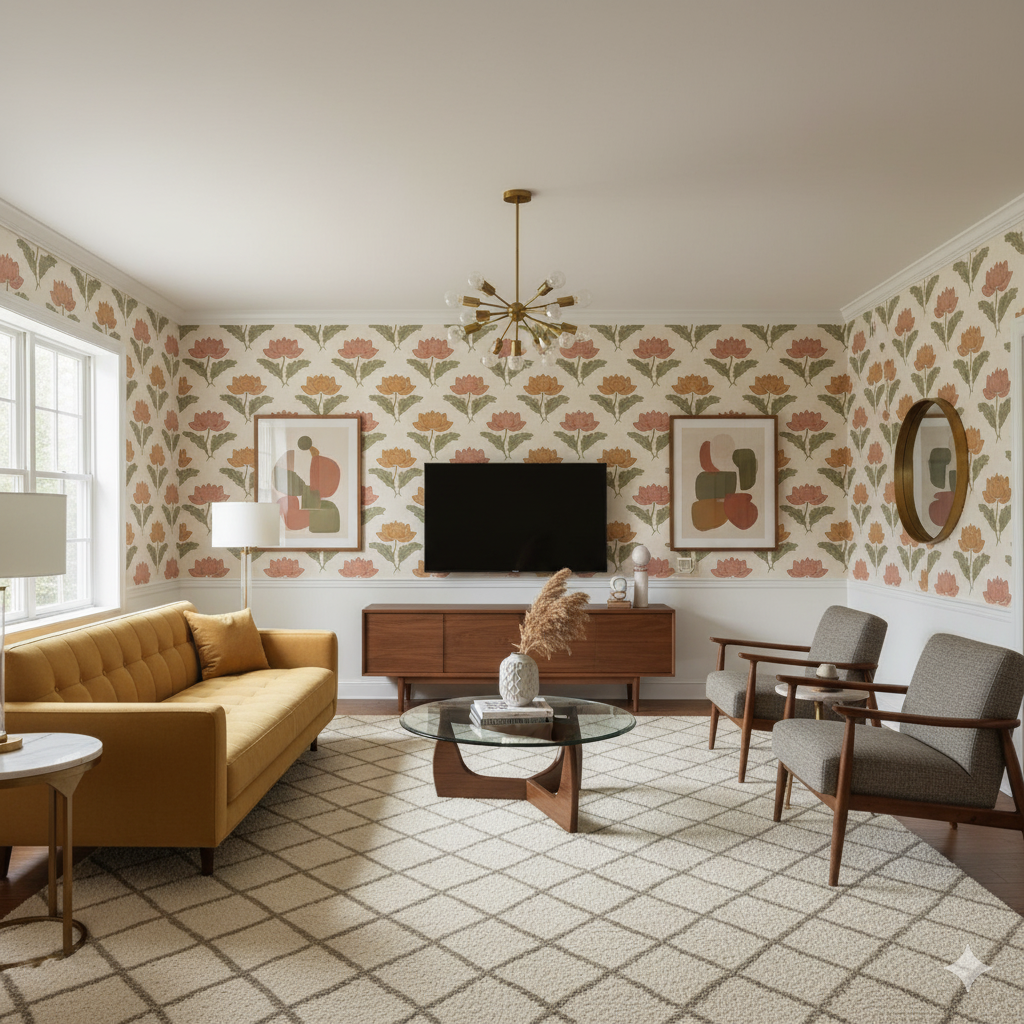 Floral wallpaper with lotus pattern on a cream background, against white trim.